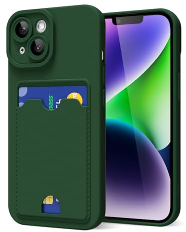 oakxco for iPhone 14 Plus Case with Card Holder, Cute Silicone Wallet Phone Case with Credit Card Slot, Soft Rubber Thin Slim Purse for Women Men with Shockproof Camera Cover Protection, Dark Green