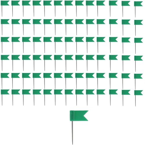 Drawing Pins 100pcs,Green Flag Map Push Pins,Travel Map Pins,Push Pins for Cork Bulletin Board, Picture, Map Marking