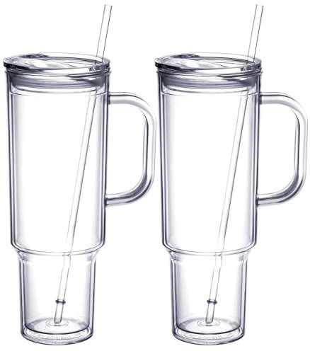 Autsel 2 Pack Plastic Tumblers with Handle, 40oz Travel Mugs with Straw and Lid, Acrylic Plastic Drinking Cups, Leakproof Plastic Water Bottle for Drink