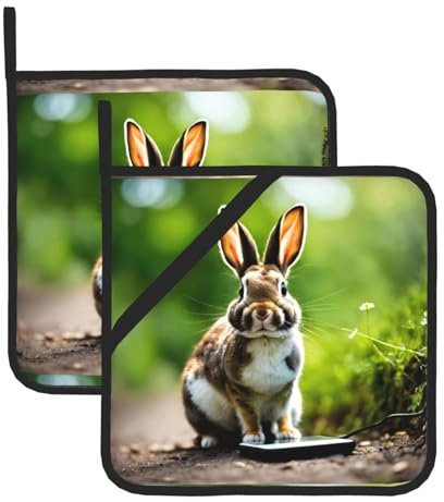 Topflappen-Set mit Hasen-Motiv, für Mikrowelle, Kochen, Backen, Grillen, Ofenschalen