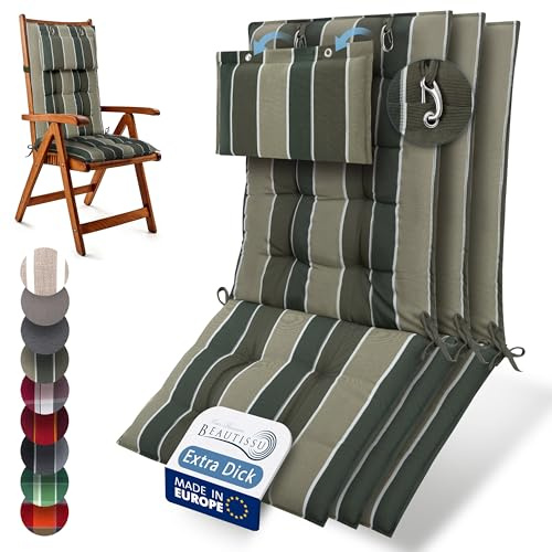 Beautissu 3er Set Premium Hochlehner Auflage Kopfpolster rutschfest robust | 120x50cm Grün gestreift 8cm dick Polster Gartenstuhlauflage rutschfest robust UV-Lichtechtheit 5 Befestigungsbänder Sun-HL