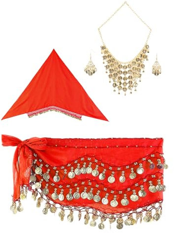 RUNQHUI Bauchtanz Accessoires Set für Damen Pailletten Hüfttuch Wickelgürtel Mit Goldmünze Ohrringe Kopfschmuck Mottoparty Karneval Performance C rot Einheitsgröße
