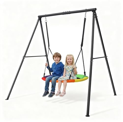 Schaukelgestell mit robustem A-Rahmen, langlebiger Stahlschaukel mit verstellbaren Seilen, großem Sitz, Kinderschaukel für den Garten, Spielplatzspaß (Regenbogen-Rund)