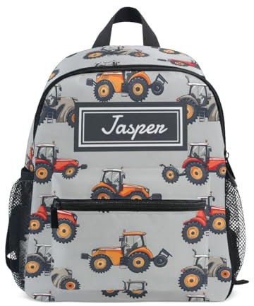 CHIFIGNO Personalisierter Kinder-Rucksack, Schulanfang, individuelle Mini-Rucksäcke, Reise-Büchertasche für Mädchen und Jungen, Niedliche Cartoon-Traktoren, Grau, Medium