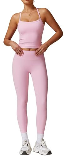 IDOPIP Sportanzug Zweiteiler Damen für Fitness: Neckholder Sommer Outfits mit Polster und hohe Taile Leggings - Gym Set mit Riemenrücken für Yoga, Pilates und Workout rosa L