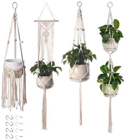 Makramee Blumenampel Hängend Innen, 4er Set Bohemian Deko Makramee Hängeampel mit Haken, Baumwollseil Blumentopf Hängend, Bohemian Zimmer Deko Aesthetic, Hängepflanzen Topf für Balkon Fenster Deko (B)