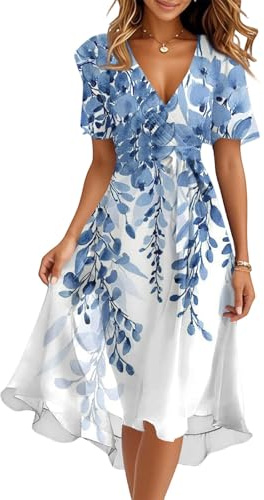 Kleider Damen Sommer Elegant Lang Chiffon Sommerkleid A-Linie Hohe Taille Abendkleid Boho Kleid Kurzarm Cocktailkleid Frauen Midi Casual Wickelkleid V-Ausschnitt Bindegürtel Strandkleid Party