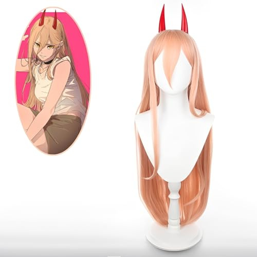 CGVG Long Smooth Anime Cosplay Wig Power Cosplay Wig with Red Devil Horn for Women Halloween Comic Con Costume Party (Light Orange)