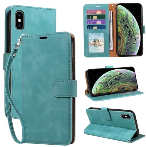 GOTOURED for iPhone X/XS Wallet Case, for iPhone 10 Phone Case, RFID Blocking 3 Card Slots Holder, Soft Leather Protective, Kickstand, Wrist Strap, Shockproof Folio Flip Cover (Green)
