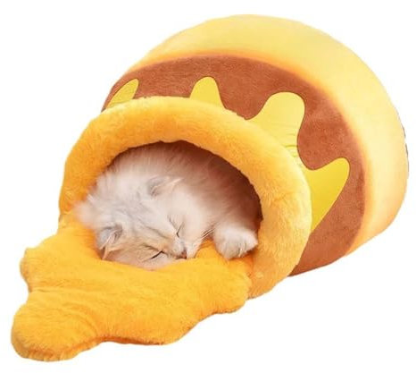 Honey Pot Cat Cave Bed | Soft & Thick Rebound Sponge Pet Nest with Removable Washable Cushion | Cute Cartoon Design for Small Cats & Dogs | Cozy & Comfortable Indoor Cat Bed (Yellow, L)