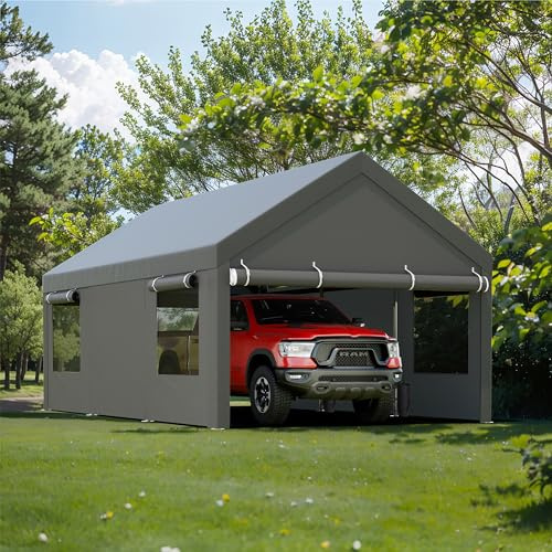 JY QAQA Carport, 3,7 x 6,1 m – Bâches en acier renforcé avec parois latérales et portes amovibles, auvent de voiture enroulable avec sacs de sable et bâche toutes saisons pour voiture et camion