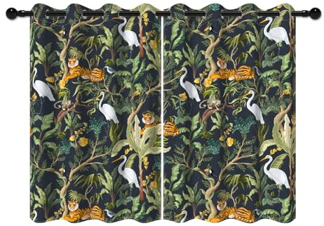 YONGFOTO 117x183cm Dschungel Safari Verdunkelungsvorhänge für Schlafzimmer Grün Tropischer Wald Wildtiere Tiger Kranich Tiere Bäume Fensterbehandlungen für Kinderzimmer, 2 Paneele mit Ösen