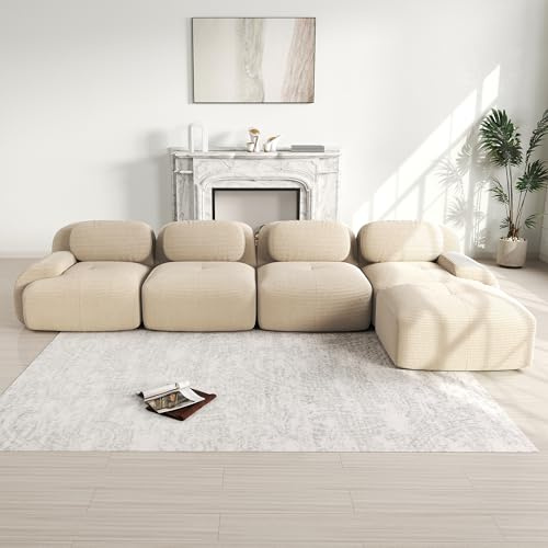 Ligterra Modulares 4 Sitzer Sofa aus Cordstoff, Ecksofa, Boneless Couch mit 1 Ottomane, Compressed Sofa, Ohne Montage & Rutschfester Unterseite, frei Kombinierbar, 388×178×75cm (Beige)