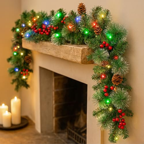 Marco Paul - Guirnalda de Navidad artificial, grande, duradera, gruesa, de lujo, para interiores, decoración de chimenea, escaleras artificiales de Navidad (guirnalda LED con punta de nieve de 270 cm)