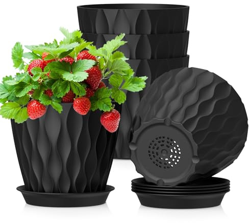 WSMKSZ 12,7 cm Blumentöpfe, 5er Set Dick Kunststoff Pflanztöpfe Innen mit Untersetzer & Abflusslöchern, 3D-Wellentextur Anzuchttöpfe für Sukkulenten, Kräuter, Aloe & Kleine Zimmerpflanzen, Schwarz