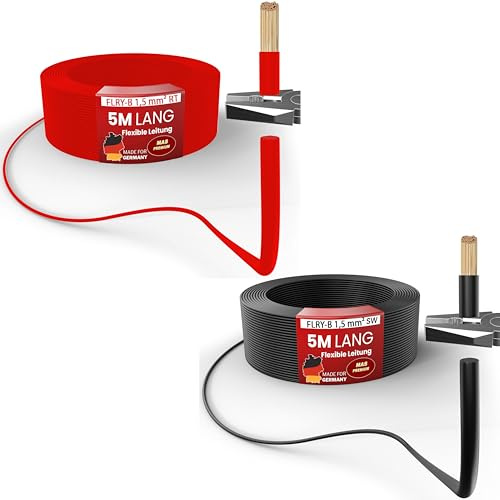 MAS Premium FLRY-B 1,5 oder 2,5 mm² Fahrzeugaderleitung 5-100m KFZ Kabel Einsatz in elektrischen Anlagen von Fahrzeugen 2st. Set (Rot + Schwarz) (FLRY-B 1,5 mm², 5m)