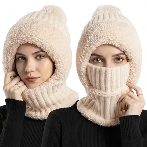 Kunoli Bonnet Hat 3 en 1 pour Femme, Bonnet Hiver Femme Chaud, Cagoule Femme Hiver, avec Écharpe et Masque, Cache-Cou Chaud et Couvre-Visage, Doublé Anti-Vent et Élastique, Idéal