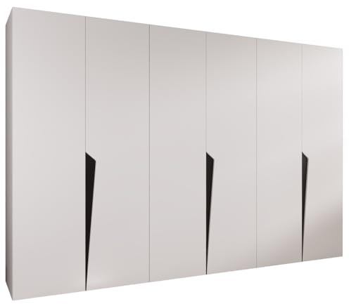 MEBLE KRYSPOL - Kleiderschrank - Garderobenschrank - 300 cm x 202 x 52 cm - Schrank mit Kleiderstange, 6 Türen - für Schlafzimmer, Flur - Piano, Weiß, Griff Schwarz
