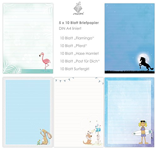 niedliches Briefpapierset mit verschiedenen Motiven für Kinder, 5 x 10 Blatt DIN A4 mit Linien insgesamt 50 Blatt/das linierte Briefpapier ist ideal für Schreibanfänger