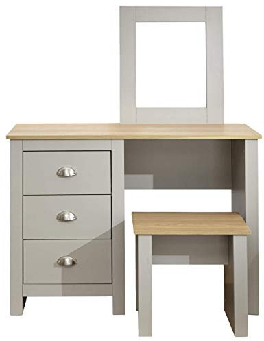 GFW Lancaster Dressing Table Set With 3 Drawers. Make Up & Hair Vanity Table With Drawers, Large Mirror & Oak Wooden Stool And Top, Modern Makeup Desk For Bedroom, Grey, H-131cm x W-104cm x D-44cm