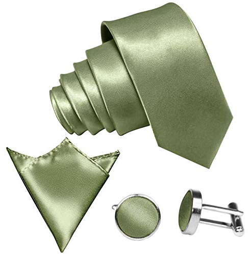 GASSANI 3-SET Krawattenset, 8,5Cm Breite Hell-Gruene Herren-Krawatte Schmal Manschettenknöpfe Ein-Stecktuch, Bräutigam Hochzeitskrawatte Glänzend
