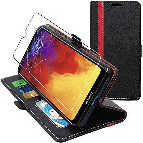ebestStar - Cover per Huawei Y6 2019, Custodia Libro Protezione Portafoglio, Pelle PU Porta Carte, Nero/Rosso + Vetro Temperato