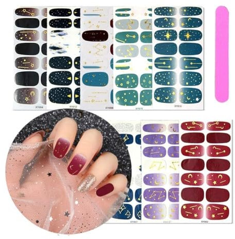 10 Sheets Full Wraps Self-Adhesive Starry Sky Nail Polish Stickers with 1Pcs Nail File, Kalolary DIY Self-Adhesive Star Moon Nail Art Stencil Strips Decals Manicure Kit for Women Girls