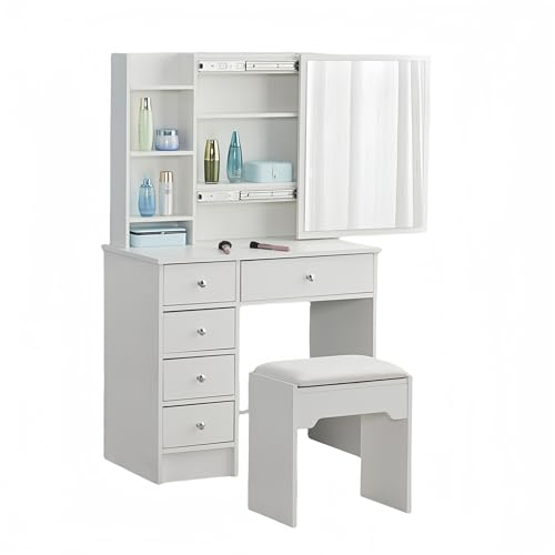 CLIPOP Tocador Blanco Mesa Escritorio de Maquillaje con 1 Espejo Deslizante, 5 Cajones y Taburete, Mueble de Tocador para Dormitorio