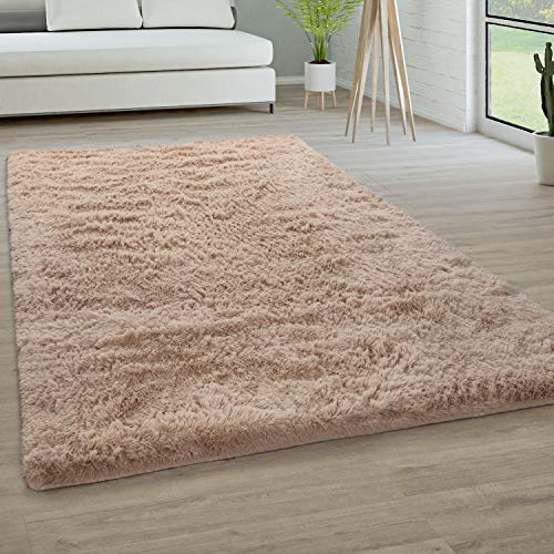 Paco Home Hochflor Teppich Wohnzimmer rutschfest Fellteppich Shaggy Flauschig Weich Modern Kunstfell Fell Imitat Einfarbig, Grösse:80x150 cm, Farbe:Beige