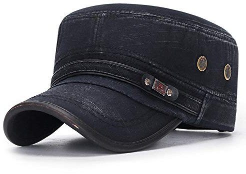 Herren Kappe Hut Mode Flat Top Militärhut Baumwolle Snapback Cap Männer Frauen Vintage Baseball Caps Papa Hüte Einstellbare Größe 55-60Cm-Schwarz