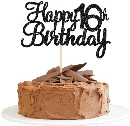 Gyufise 3 Stück Happy 16th Birthday Cake Topper Schwarz Glitzer Happy 16 Birthday Cupcake Topper 16 Birthday Kuchen Dekoration für Cheers to 16 Birthday Party Dekoration