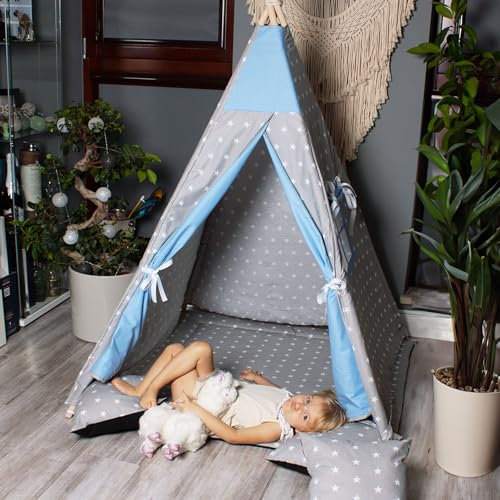 PaLulli Tipi Spielzelt für Kinder mit Matte & Anti-Kollaps-System & 4 Dekokissen Baumwolle- Segeltuch Kinderzelt (Stars Blue)