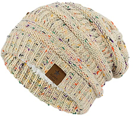 Durio Mütze Damen Winter Strickmütze Grobstrick Warme Beanie mit Innenfutter Beige