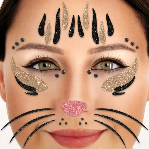 Party Factory Face Tattoo Katze, temporäres Glitter Gesichtstattoo für Motto Party, Halloween & Karneval, Kinder & Erwachsene