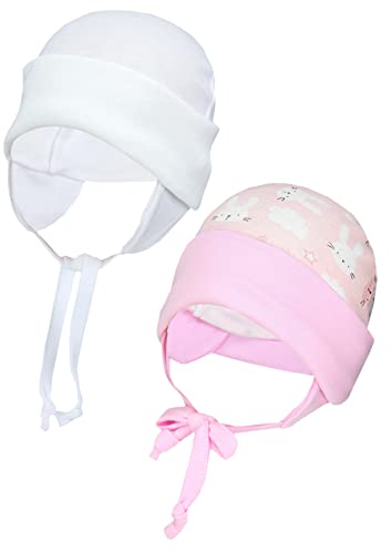 TupTam Baby Erstlingsmütze mit Ohrenklappen 2er Pack, Farbe: Kaninchen Rosa/Weiß, Größe: 50-56