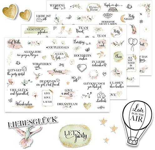 Sticker Hochzeit Gästebuch - Sticker Vintage auf 4 A4 Bögen für Gästebuch Hochzeit - Sticker Fotoalbum - Liebevolle Aufkleber Hochzeit – Sticker Liebe - Hochzeitssticker - Sticker Set Liebe