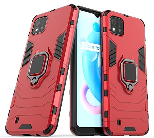 betterfon Hülle Handyhülle Kompatibel mit Realme C11 (2021) | Handyhülle Stoßfest 360° Drehbarer Ring Ständer TPU Silikon Back Cover | Rot
