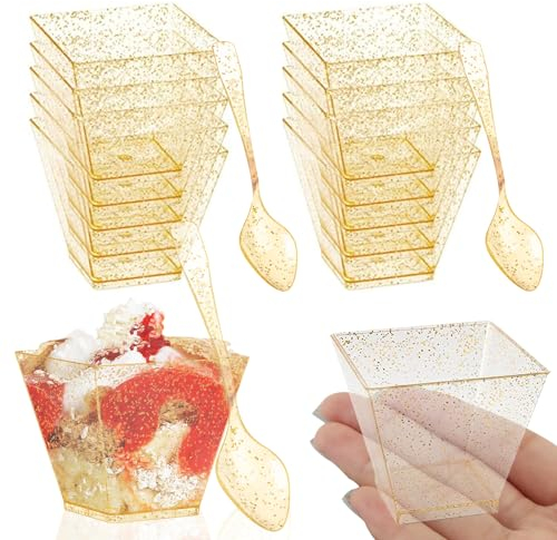 FainFun Plastique Coupe à Dessert, 50 Pièces 60ML Mini Coupe à Dessert avec Cuillères, Empilable Réutilisable Coupe à Dessert, Coupe à Dessert pour Tiramisu, Glace, Tasse Dessert Plastique, Doré