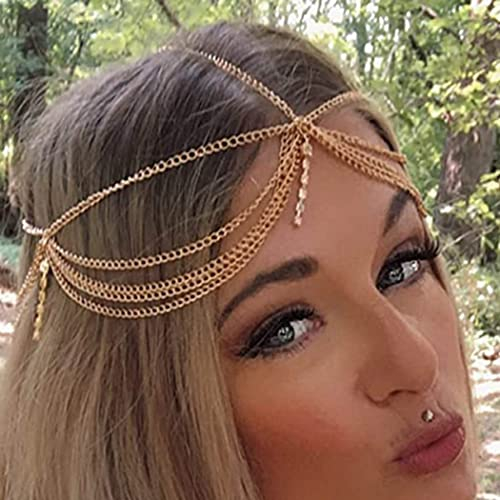 Runmi Braut Boho Quaste Stirnkette Gold Kristall Kopfschmuck Festival Stirnkette Hochzeit Haarschmuck für Frauen und Mädchen