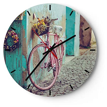 Modern Wanduhr Rosa Fahrrad Vintage 30x30cm Rund Klein Wand Uhr Glas Analog Zimmeruhren Küche Büro Wohnzimmer Glasuhr Wall Clock Dekoration Design Wanddekoration Küchenuhr C3AR30x30-4471