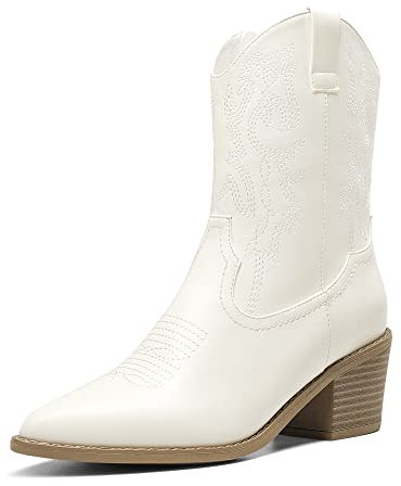 DREAM PAIRS Stivaletti da Donna Stivali da Cowboy Stivali Western da Donna con Tacco Grosso e Punta a Punta,Size 40,Bianco,SDAB2219W