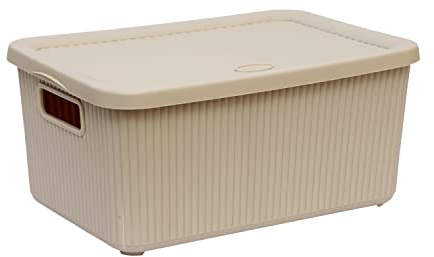 M1SS 14L Litre Large Storage Box With Lid and Handle Stackable Rib Box BPA Free Virgin Plastic Multipurpose Utility Box Perfect For Home, Kitchen and Office (Beige)