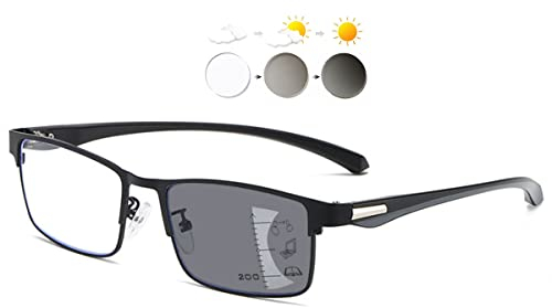 KOOSUFA Selbsttönende Gleitsicht Lesebrille Gleitsichtbrille Progressive Multifokus Anti-Blaulicht Photochrome Herren Damen Metallrahmen mit UV-Schutz Sonnenlesebrille 1x Schwarz, 2.0