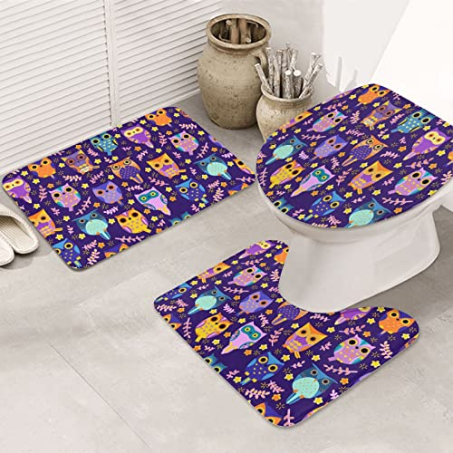 Set 3 Teilig Badvorleger Farbige Eule Bedruckt Küchentürteppich Anti-Rutsch Weiche Badgarnitur Badematten, Für Wohnzimmer, Badewanne