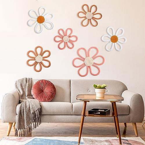 Barydat 6 Stück Boho-Kinderzimmer-Dekoration, Gänseblümchen, gewebter Makramee-Wandbehang, 3 Größen, Gänseblümchen, Wanddekoration, Bohemian-Kinderzimmer-Dekorationen für Zuhause, Wohnheimkunst (Rosa,