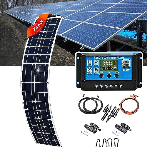 Panneau Solaire Monocristallin (18v 200w/400w), ContrôLeur 40a/Kit De SystèMe Solaire Flexible, Panneau Solaire Semi-Flexible (30 °), Pour Camping-Cars, Bateaux, Caravanes,200W