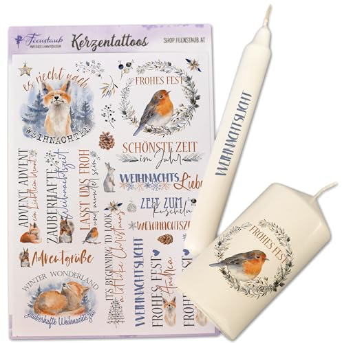 FEENSTAUB Kerzentattoos Weihnachten, Kerzenfolien Weihnachten DIN A5, Wasserschiebefolie Kerzen, Kerzenfolie Frohe Weihnachten, Kerzensticker Advent, Kerzen Aufkleber Weihnachten, Waldtiere