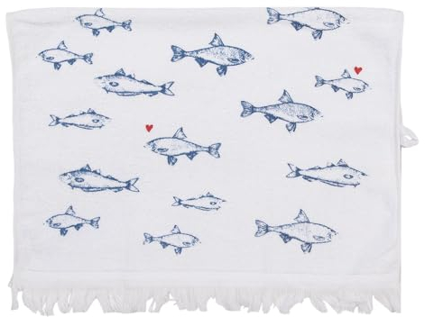 Clayre & Eef Gästehandtuch 40x66 cm Weiß Blau Baumwolle Fische Toiletten Handtuch