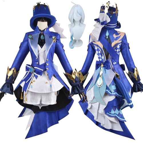 NIKKHO Genshin Impact Cosplay Set,Anime Charakter Furina Cosplay Set,Halloween Karneval Party Kleid,Mit Perücke Hut,Dress Up Anzug für Frauen Mädchen,Blau,XS