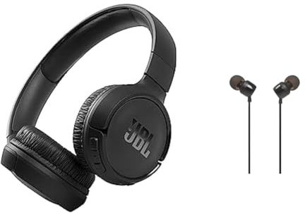 JBL Tune510BT - Wireless on-ear headphones featuring Bluetooth 5.0, up to 40 hours battery life and speed charge, in black & T110 Universal In-Ear Headphones with Remote Control and Microphone, Black